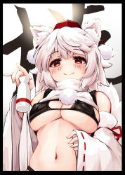 Rule 34 | 1girl, absurdres, animal ears, bare shoulders, blush, breasts, closed mouth, detached sleeves, hair between eyes, hat, highres, hira-san, holding, inubashiri momiji, japanese clothes, large breasts, navel, pom pom (clothes), red eyes, red hat, ribbon-trimmed sleeves, ribbon trim, short hair, smile, solo, tail, tokin hat, tokkuri, touhou, upper body, white hair, white sleeves, wide sleeves, wolf ears, wolf tail