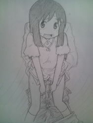 Rule 34 | 1girl, blush, clothed sex, hair ornament, hairclip, long hair, monochrome, naganohara yoshino, nichijou, open mouth, pussy, sex, sketch, socks, solo focus, standing, sweat, tomu (tomubobu), traditional media, uncensored