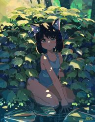 Rule 34 | 1girl, :o, animal ear fluff, animal ears, black hair, blouse, blue shirt, cat ears, dappled sunlight, facing viewer, hand on ground, highres, kgt (pixiv12957613), leaf, lily pad, looking at viewer, nature, no pants, on ground, original, outdoors, partially submerged, scenery, shirt, short hair, sitting, solo, sunlight, thighs, water