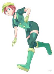 Rule 34 | 1girl, boots, breasts, choker, collarbone, commentary request, creatures (company), female focus, full body, game freak, georgia (pokemon), gloves, green choker, green eyes, green footwear, green hat, green thighhighs, green vest, hair between eyes, hat, highres, kijouyu, looking at viewer, nintendo, pokemon, pokemon (anime), pokemon bw (anime), short hair, short sleeves, signature, simple background, solo, thighhighs, vest, white background