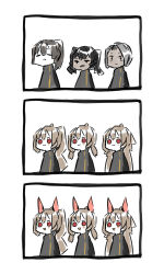 Rule 34 | 3koma, 6+girls, :3, = =, animal ears, black hair, brown hair, closed eyes, closed mouth, colored skin, comic, commentary request, dark-skinned female, dark skin, dog ears, grey hair, grey shirt, harvest fes, highres, librarian (project moon), library of ruina, light brown hair, long hair, multiple girls, no nose, open mouth, ponytail, project moon, shirt, short twintails, silent comic, smile, twintails, white skin