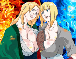 Rule 34 | 2girls, anger vein, angry, blonde hair, blue eyes, breast contest, breast press, breasts, brown eyes, cleavage, clenched hands, clenched teeth, facial mark, hand on own hip, huge breasts, large breasts, long hair, mattsun (lyohei-adgjmptw), multiple girls, naruto (series), naruto shippuuden, ninja, open mouth, samui (naruto), short hair, smile, symmetrical docking, teeth, tsunade (naruto), upper body