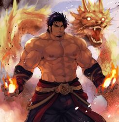 Rule 34 | 1boy, abs, absurdres, armpit hair, ashes, bara, belt, biceps, black eyes, blue hair, bulge, chinese zodiac, dragon, feet out of frame, fingerless gloves, fire, gloves, highres, large pectorals, looking at viewer, male focus, manly, mature male, muscular, muscular male, navel, navel hair, nipples, original, outdoors, pectorals, pyrokinesis, short hair, sky, smirk, solo, stomach, strongman waist, terujirou (masateruteru), thick arms, thick eyebrows, topless male, veins, year of the dragon