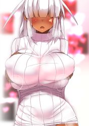 Rule 34 | 1girl, blush, grabbing another&#039;s breast, breasts squeezed together, breasts, dark-skinned female, dark skin, facial mark, grabbing, heavy breathing, highres, large breasts, open mouth, original, panties, ribbed sweater, silver hair, solo, souma (ordures), star (symbol), star facial mark, sweater, tan, tsuwabuki, tsuwabuki (souma (ordures)), turtleneck, underwear, upper body