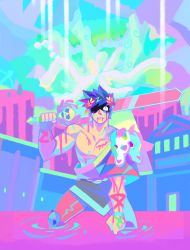 Rule 34 | 1boy, blue hair, denaseey, feet out of frame, hades (series), hades 1, highres, holding, holding sword, holding weapon, male focus, partially submerged, short hair, skull, solo, sword, weapon, wet, zagreus (hades)