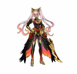 Rule 34 | 1girl, bare shoulders, dark-skinned female, dark skin, feather trim, fire emblem, fire emblem heroes, full body, gauntlets, gradient hair, hair ornament, hand on own hip, holding, holding weapon, laevateinn (fire emblem), long hair, maeshima shigeki, multicolored hair, nintendo, official art, pink hair, red eyes, red hair, simple background, solo, standing, sword, thighhighs, turtleneck, twintails, weapon, white background