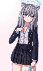 Rule 34 | 1girl, absurdres, animal ear fluff, animal ears, black jacket, black skirt, blazer, blue archive, blue eyes, bow, bow bra, bra, brown background, collarbone, collared shirt, commentary request, dress shirt, gradient background, grey hair, hair between eyes, hair ornament, halo, hand up, highres, holding, jacket, long hair, long sleeves, open clothes, open jacket, parted lips, partially unbuttoned, plaid, plaid skirt, pleated skirt, shiroko (blue archive), shirt, skirt, solo, stratosphere (coom1017), sweat, underwear, white background, white bra, white shirt