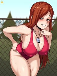 Rule 34 | 1girl, absurdres, alternate body size, alternate breast size, blurry, blush, body freckles, breasts, brown hair, chain-link fence, covered erect nipples, cowboy shot, curvy, day, depth of field, disney, facing viewer, fence, freckles, gravity falls, grin, hand on own hip, hanging breasts, highres, jmg, large breasts, leaning forward, legs together, long hair, looking at viewer, one-piece swimsuit, outdoors, pale skin, red one-piece swimsuit, skindentation, smile, solo, standing, swimsuit, swimsuit tug, tongue, tongue out, wendy corduroy, whistle, whistle around neck