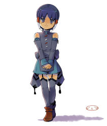Rule 34 | 1boy, adapted costume, bad id, bad pixiv id, crossdressing, detached sleeves, full body, garter straps, hair ornament, inazuma eleven (series), inazuma eleven go, looking at viewer, male focus, mizuhara aki, short hair, shuu (inazuma eleven), simple background, smile, solo, thighhighs, trap, white background