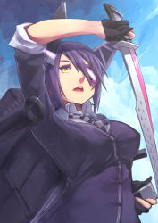 Rule 34 | 10s, 1girl, bad id, bad pixiv id, blue sky, breasts, cannon, cardigan, checkered clothes, checkered necktie, checkered neckwear, cloud, collared shirt, day, eyepatch, fingerless gloves, glint, gloves, halfway, headgear, highres, holding, holding sword, holding weapon, kantai collection, large breasts, long sleeves, looking at viewer, mecha musume, necktie, open mouth, outdoors, purple hair, sheath, shirt, sky, solo, sword, tenryuu (kancolle), turret, unsheathed, upper body, weapon, yellow eyes