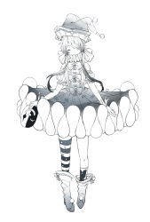 Rule 34 | 1girl, alternate costume, ankle boots, asymmetrical legwear, bare shoulders, boots, bow, bowtie, closed eyes, clown mask, dress, facing viewer, frilled dress, frills, full body, genderswap, genderswap (otf), ghost quartz (houseki no kuni), gloves, gradient hair, greyscale, hair over one eye, hat, highres, holding, holding mask, houseki no kuni, jester cap, kneehighs, long hair, mask, monochrome, multicolored hair, neck ruff, one eye covered, pointy footwear, pom pom (clothes), puffy short sleeves, puffy sleeves, shieryue164, short sleeves, simple background, single kneehigh, single sock, single thighhigh, socks, solo, standing, star (symbol), star print, striped clothes, striped thighhighs, thighhighs, unworn mask
