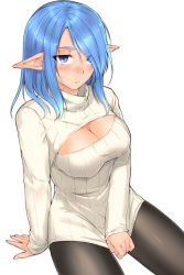 Rule 34 | 1girl, arm support, black pantyhose, blue eyes, blue hair, blush, breasts, character request, cleavage cutout, clothing cutout, elf, hair over one eye, highres, large breasts, long sleeves, matching hair/eyes, meme attire, open-chest sweater, pantyhose, phantasy star, phantasy star online 2, pointy ears, ryou@ryou, simple background, sitting, solo, sweatdrop, sweater, swept bangs, turtleneck, white background