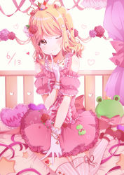 Rule 34 | 1girl, absurdres, artist name, artist request, back bow, bare shoulders, blonde hair, blush, bow, braid, brown eyes, collarbone, cross-laced clothes, crown, crown braid, dress, female focus, flower, full body, gloves, hair flower, hair ornament, hair rings, heart, heart tattoo, highres, jewelry, leg tattoo, looking at viewer, love live!, love live! school idol festival, love live! sunshine!!, mini crown, necklace, necktie, nekomeron, off-shoulder dress, off shoulder, ohara mari, one eye closed, parted lips, pearl necklace, pink bow, pink dress, pink flower, pink legwear, pink skirt, puffy short sleeves, puffy sleeves, red bow, red flower, red footwear, ribbon-trimmed legwear, ribbon trim, shoes, short hair, short sleeves, skirt, smile, solo, star (symbol), star hair ornament, star print, striped bow, striped legwear, tattoo, white gloves, yellow eyes