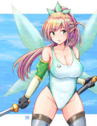 Rule 34 | 1girl, absurdres, bad id, bad pixiv id, bare shoulders, black gloves, black thighhighs, blush, braid, breasts, cleavage, collarbone, commentary request, competition swimsuit, cosplay, cowboy shot, elf, fairy wings, gloves, gluteal fold, green thighhighs, groin, high ponytail, highleg, highres, holding, holding sheath, holding sword, holding weapon, kanojo okarishimasu, large breasts, leafa, leafa (cosplay), light brown hair, long hair, looking at viewer, mizuhara chizuru, one-piece swimsuit, open mouth, pointy ears, ponytail, sheath, solo, swimsuit, sword, sword art online, thighhighs, thighs, tong shui, twin braids, unsheathed, weapon, white one-piece swimsuit, wings