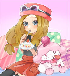 Rule 34 | 1girl, black shirt, black thighhighs, blonde hair, blush, cake, cake slice, cherry, commentary, creatures (company), eating, eyelashes, eyewear on headwear, food, fork, fruit, game freak, gen 6 pokemon, glasses, grey eyes, hat, holding, holding fork, holding plate, long hair, looking at viewer, nintendo, pillow, pink background, pink hat, plate, pleated skirt, pokemon, pokemon (creature), pokemon xy, rain (tonight 862), red skirt, serena (pokemon), shirt, skirt, sleeveless, sleeveless shirt, slurpuff, strawberry, sunglasses, thighhighs, tongue, tongue out, twitter username, utensil in mouth, white-framed eyewear