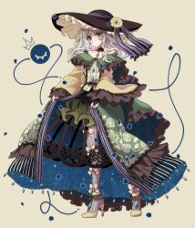 Rule 34 | 1girl, alternate costume, black hat, buttons, choker, clothes lift, collarbone, commentary request, dress, floral print, flower, frilled dress, frilled hat, frills, full body, green eyes, hat, hat flower, highres, ice (aitsugai), komeiji koishi, long sleeves, looking at viewer, pantyhose, petals, skirt, skirt lift, solo, standing, striped clothes, striped pantyhose, third eye, touhou, vertical-striped clothes, vertical-striped pantyhose, wide sleeves