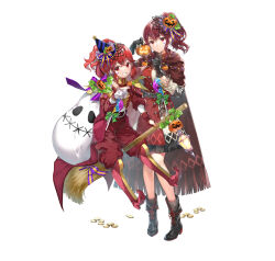 Rule 34 | 2girls, absurdres, ankle boots, anna (fire emblem), anna (fire emblem engage), belt, boots, broom, broom riding, candy, cape, detached sleeves, fire emblem, fire emblem awakening, fire emblem engage, fire emblem heroes, food, gloves, gold, grin, hair ornament, hat, highres, holding, index finger raised, jack-o&#039;-lantern, knee boots, lantern, lollipop, long hair, long sleeves, looking at viewer, mini party hat, miwabe sakura, multiple girls, nintendo, official alternate costume, official art, pants, parted lips, party hat, pointy footwear, ponytail, pumpkin, red eyes, red hair, ribbon, sack, siblings, side ponytail, sidelocks, simple background, sisters, skirt, smile, star (symbol), star tattoo, tattoo, teeth, turtleneck, white background