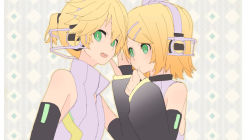 Rule 34 | 1boy, 1girl, bare shoulders, black sleeves, blonde hair, choker, closed mouth, d futagosaikyou, detached sleeves, dot mouth, forehead-to-forehead, green eyes, hair ornament, hairclip, hand up, headphones, heads together, high collar, kagamine len, kagamine len (append), kagamine rin, kagamine rin (append), looking at viewer, open mouth, shirt, short hair, short ponytail, sideways glance, sleeveless, sleeveless shirt, smile, swept bangs, tda model (mikumikudance), upper body, vocaloid, vocaloid append