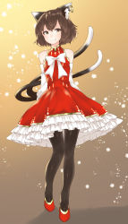Rule 34 | 1girl, absurdres, alternate costume, animal ears, bare shoulders, black pantyhose, bow, brown eyes, brown hair, cat ears, cat tail, chen, detached sleeves, dress, earrings, egret, highres, jewelry, looking at viewer, over-kneehighs, pantyhose, petticoat, red dress, red footwear, shoes, short dress, short hair, single earring, smile, solo, standing, tail, thighhighs, touhou, white bow
