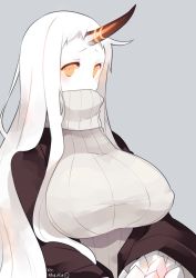 Rule 34 | 10s, 1girl, abyssal ship, breasts, claws, colored skin, commentary request, covered mouth, dress, covered erect nipples, female focus, horns, huge breasts, kantai collection, large breasts, long hair, looking at viewer, pale skin, red eyes, seaport princess, simple background, single horn, solo, sweater, sweater dress, very long hair, white hair, white skin, yuzuki gao