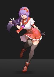 Rule 34 | 1girl, asamiya athena, black gloves, black thighhighs, dress, fingerless gloves, gloves, hair ribbon, hairband, long hair, neckerchief, open mouth, puffy short sleeves, puffy sleeves, purple dress, purple hair, red hairband, ribbon, sailor dress, seinen, short sleeves, smile, snk, solo, standing, standing on one leg, the king of fighters, the king of fighters xiv, thighhighs, thighs, very long hair, zettai ryouiki