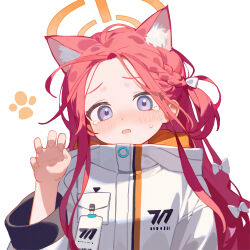 Rule 34 | 1girl, absurdres, animal ear fluff, animal ears, blue archive, blush, bow, cat ears, extra ears, hair bow, halo, highres, jacket, long hair, long sleeves, looking at viewer, open mouth, orange halo, purple eyes, red hair, simple background, solo, tears, white background, white bow, white jacket, xsan, yuzu (blue archive)