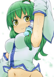 Rule 34 | 1girl, arm up, armpits, breasts, detached sleeves, female focus, frog hair ornament, green eyes, green hair, hair ornament, highres, kochiya sanae, komito, long hair, long sleeves, looking at viewer, matching hair/eyes, midriff, navel, presenting armpit, smile, snake hair ornament, solo, sweat, touhou