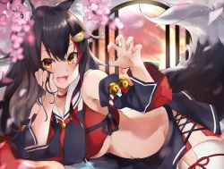 Rule 34 | 1girl, animal ear fluff, animal ears, architecture, armpit crease, bell, black hair, black skirt, blush, breasts, cherry blossoms, choker, claw pose, commentary, crop top, detached sleeves, east asian architecture, fang, hair between eyes, hair ornament, hand on own cheek, hand on own face, highres, hololive, kouhaku nawa, kyoro ina, long hair, looking at viewer, lying, medium breasts, midriff, miniskirt, multicolored hair, navel, on side, ookami mio, ookami mio (1st costume), open mouth, orange eyes, petals, red choker, red hair, rope, round window, sailor collar, shimenawa, skirt, smile, solo, streaked hair, tail, thighhighs, thighs, two-tone hair, underboob, virtual youtuber, white thighhighs, window, wolf ears, wolf tail