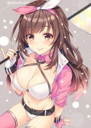 Rule 34 | 1girl, alpha (yukai na nakamatachi), arm support, asymmetrical gloves, belt, bikini, bow, breasts, brown eyes, brown hair, choker, cleavage, collarbone, covered navel, cowboy shot, cropped jacket, fingerless gloves, flag, gloves, grey background, hair bow, hairband, halterneck, holding, holding flag, idolmaster, idolmaster shiny colors, jacket, large breasts, long hair, looking at viewer, navel, open clothes, open jacket, orin (artist), pink hairband, pink jacket, pink thighhighs, race queen, sitting, smile, solo, swimsuit, thighhighs, tsukioka kogane, twitter username, two-tone ribbon, uneven gloves, white bikini, white gloves