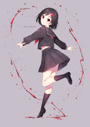 Rule 34 | 1girl, black footwear, black hair, black sailor collar, black serafuku, black shirt, black skirt, black socks, blood, blush, borrowed character, chitetan, closed mouth, commentary request, full body, grey background, hair ornament, head tilt, kneehighs, loafers, long sleeves, looking at viewer, looking to the side, neckerchief, original, outstretched arms, pleated skirt, red eyes, red neckerchief, sailor collar, school uniform, serafuku, shirt, shoes, simple background, skirt, smile, socks, solo, standing, standing on one leg, translation request