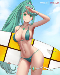 Rule 34 | 1girl, aqua bikini, aqua eyes, aqua hair, armpits, arms up, artist name, bare arms, bare shoulders, bikini, blue sky, blush, breasts, cleavage, closed mouth, collarbone, contrapposto, cowboy shot, dakkalot, day, earrings, female focus, gem, holding, jewelry, large breasts, long hair, looking at viewer, matching hair/eyes, navel, nintendo, outdoors, patreon username, pneuma (xenoblade), ponytail, salute, sky, smile, solo, spoilers, stomach, surfboard, swimsuit, tiara, very long hair, xenoblade chronicles (series), xenoblade chronicles 2