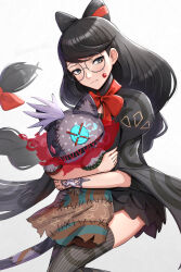 Rule 34 | 1girl, absurdres, black dress, black eyes, black hair, black thighhighs, bow, braid, braided ponytail, child, doll, dress, glasses, gonzarez, hair bow, hair ribbon, highres, holding, holding doll, lips, long hair, low ponytail, original, ribbon, round eyewear, solo, striped clothes, striped thighhighs, swept bangs, thighhighs, thighs, vertical-striped clothes, vertical-striped thighhighs, very long hair, white background