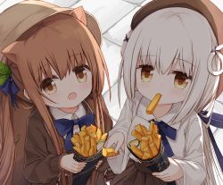 Rule 34 | 2girls, animal ears, beret, blue bow, blush, bow, brown eyes, brown hair, brown headwear, brown jacket, brown skirt, brown vest, collared shirt, dress shirt, food, food in mouth, french fries, hair between eyes, hair bow, hair rings, hat, holding, holding food, jacket, long hair, long sleeves, looking at viewer, mouth hold, multiple girls, open mouth, original, pleated skirt, shirt, skirt, sleeves past wrists, squirrel ears, squirrel girl (yuuhagi (amaretto-no-natsu)), very long hair, vest, white hair, white shirt, wide sleeves, yuuhagi (amaretto-no-natsu)
