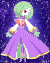Rule 34 | 1girl, bob cut, closed mouth, clothed pokemon, colored skin, cosplay, creatures (company), dress, female focus, flat chest, full body, game freak, gardevoir, gen 3 pokemon, green hair, green skin, hair over one eye, happy, long dress, long sleeves, looking at viewer, meru (mer milky77), multicolored skin, nights (character), nights (character) (cosplay), nights into dreams, nintendo, one eye covered, outline, pantyhose, pink vest, pokemon, pokemon (creature), purple background, purple dress, purple pantyhose, raglan sleeves, red eyes, short hair, smile, solo, sparkle, standing, star (symbol), two-tone skin, vest, white outline, white skin, white sleeves, yellow trim