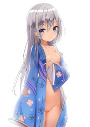 Rule 34 | 1girl, absurdres, bare shoulders, blue eyes, breasts, cleft of venus, closed mouth, collarbone, commentary request, floral print, grey hair, groin, hair between eyes, highres, japanese clothes, kimono, long hair, long sleeves, naked kimono, navel, nipples, nuolin (amaki-aria), off shoulder, open clothes, open kimono, original, print kimono, pussy, sakutaishi, simple background, sleeves past wrists, small breasts, smile, solo, uncensored, very long hair, white background, wide sleeves