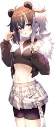 Rule 34 | 1girl, absurdres, ahoge, animal ears, armpit crease, bare shoulders, belt, bike shorts, black hair, black jacket, black shirt, black shorts, breasts, collarbone, commission, cowboy shot, crop top, cropped jacket, earrings, fur trim, hair bun, hands up, highres, indie virtual youtuber, jacket, jewelry, jun (aousa0328), long sleeves, looking at viewer, loose belt, medium hair, midriff, miniskirt, multicolored hair, navel, obear, open clothes, open jacket, panda ears, parted lips, plaid, plaid skirt, pleated skirt, red eyes, shirt, short shorts, shorts, shorts under skirt, sidelocks, single hair bun, skeb commission, skirt, sleeveless, sleeveless shirt, sleeveless turtleneck, small breasts, solo, split-color hair, standing, stomach, streaked hair, turtleneck, twintails, virtual youtuber, white hair, white skirt