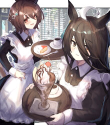 Rule 34 | 2girls, agnes tachyon (umamusume), ahoge, alternate costume, animal ears, black dress, black hair, blush, cheesecake, chemical structure, coffee mug, commentary request, cowboy shot, cup, dress, earrings, enmaided, food, fork, frilled dress, frills, hair between eyes, hand on own hip, highres, holding, holding tray, horse ears, ice cream, jewelry, long hair, long sleeves, maid, manhattan cafe (umamusume), mug, multicolored hair, multiple girls, open mouth, short hair, siena (moratoriummaga), single earring, smile, streaked hair, sundae, tray, umamusume, white hair, window blinds, yellow eyes