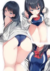 Rule 34 | 1girl, :/, :o, ass, bare shoulders, black hair, blue eyes, blue one-piece swimsuit, blush, bow, breasts, cardigan, competition swimsuit, cowboy shot, from above, gridman universe, hair between eyes, hand on own hip, hand to own mouth, highres, igayan, looking at viewer, medium breasts, medium hair, multiple views, one-piece swimsuit, pout, red neckwear, simple background, sitting, ssss.gridman, standing, straight hair, swimsuit, swimsuit under clothes, takarada rikka, thighs, white background, white cardigan, wide hips