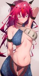 Rule 34 | 1girl, absurdres, alternate costume, arm behind head, armband, armpits, blue eyes, blush, breasts, criss-cross halter, getto, halterneck, heterochromia, highres, hololive, hololive english, horns, irys (hololive), large breasts, long hair, monster hunter (series), nargacuga (armor), navel, pointy ears, red eyes, red hair, revealing clothes, simple background, solo, virtual youtuber