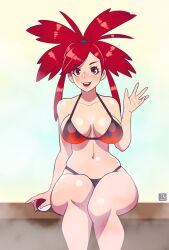 Rule 34 | 1girl, absurdres, bikini, breasts, brown eyes, creatures (company), flame print, flannery (pokemon), game freak, gym leader, highres, holding, holding poke ball, large breasts, long hair, looking at viewer, navel, nintendo, open mouth, poke ball, pokemon, pokemon rse, red hair, riz, side-tie bikini bottom, smile, solo, swimsuit, teeth, upper teeth only