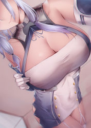Rule 34 | 1girl, argyle, argyle clothes, argyle cutout, azur lane, bad id, bad pixiv id, bare shoulders, blue dress, blue hair, blush, breasts, buttons, cleavage, clothing cutout, covered navel, dress, elbow gloves, eric (pixiv9123557), garter straps, gloves, highres, large breasts, long hair, sidelocks, smile, solo, st. louis (azur lane), strapless, strapless dress, thighs, tube dress, two-tone dress, white dress