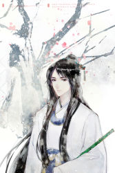 Rule 34 | 1boy, bad id, bad pixiv id, bare tree, black eyes, black hair, closed mouth, holding, japanese clothes, long hair, long sleeves, looking at viewer, male focus, original, outdoors, ponytail, say hana, solo, tree, upper body, very long hair, watermark, web address, wide sleeves