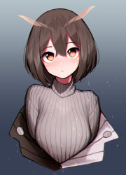 Rule 34 | 1girl, absurdres, arknights, beudelb, blush, brown hair, closed mouth, cropped torso, female focus, gradient background, grey background, grey sweater, highres, looking at viewer, no eyewear, orange eyes, short hair, silence (arknights), solo, striped, sweater, upper body, vertical stripes