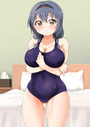Rule 34 | 1girl, bed, blue hair, blue one-piece swimsuit, blush, breasts, brown eyes, cameltoe, cleavage, closed mouth, collarbone, covered erect nipples, covered navel, crossed arms, furutani himawari, gluteal fold, hair ornament, hairband, highres, indoors, inemuri nuko, large breasts, looking at viewer, medium hair, one-piece swimsuit, skindentation, solo, standing, swimsuit, twintails, yuru yuri