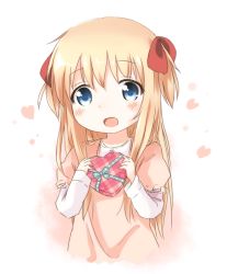 Rule 34 | 1girl, :d, aged down, araki495, blonde hair, blue eyes, bow, child, female focus, gift, hair bow, heart, looking at viewer, md5 mismatch, open mouth, resolution mismatch, smile, solo, source smaller, toshinou kyouko, valentine, yuru yuri