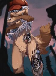 Rule 34 | 1boy, :&lt;, android, animal ears, aru (aru7g), blue eyes, blurry, blurry foreground, body fur, brown fur, cabbie hat, damaged, dog boy, dog ears, dog tail, film grain, floppy ears, furry, furry male, hat, highres, injury, looking at viewer, male focus, mechanical parts, nude, original, purple sky, red hat, short hair, sky, solo, standing, tail, torn clothes, undressing, white hair, wire