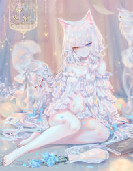 Rule 34 | 1girl, animal ears, babydoll, barefoot, book, braid, bug, butterfly, cat, cat ears, cat tail, choker, facial mark, flower, highres, insect, long hair, looking at viewer, navel, original, pale skin, sheya, signature, sitting, solo, tail, twin braids, vase, white hair