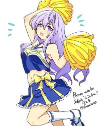 Rule 34 | 1girl, alternate costume, arm up, bare shoulders, bow, breasts, cheerleader, circlet, cleavage, english text, fire emblem, fire emblem: genealogy of the holy war, julia (fire emblem), long hair, medium breasts, nintendo, open mouth, pom pom (cheerleading), purple eyes, purple hair, simple background, skirt, socks, solo, stomach, yukia (firstaid0)