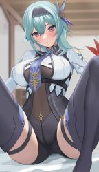 Rule 34 | 1girl, absurdres, blue hair, blush, breasts, commentary request, eula (genshin impact), eyelashes, eyes visible through hair, female focus, genshin impact, hair ornament, hairband, highres, indoors, large breasts, long hair, looking at viewer, nanam (nanam sk), necktie, solo, spread legs, sweatdrop, thighhighs, thighs, underboob, yellow eyes