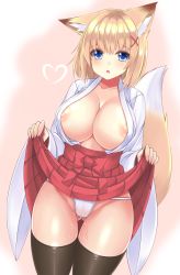 Rule 34 | 1girl, animal ears, areola slip, black thighhighs, blonde hair, blue eyes, breasts, cleavage, clothes lift, fox ears, fox tail, hair ornament, heart, highres, japanese clothes, large breasts, lifted by self, looking at viewer, open mouth, original, panties, pussy juice, red skirt, short hair, skirt, skirt lift, sogaya, solo, tail, thighhighs, underwear, wet, wet clothes, wet panties, white panties, x hair ornament